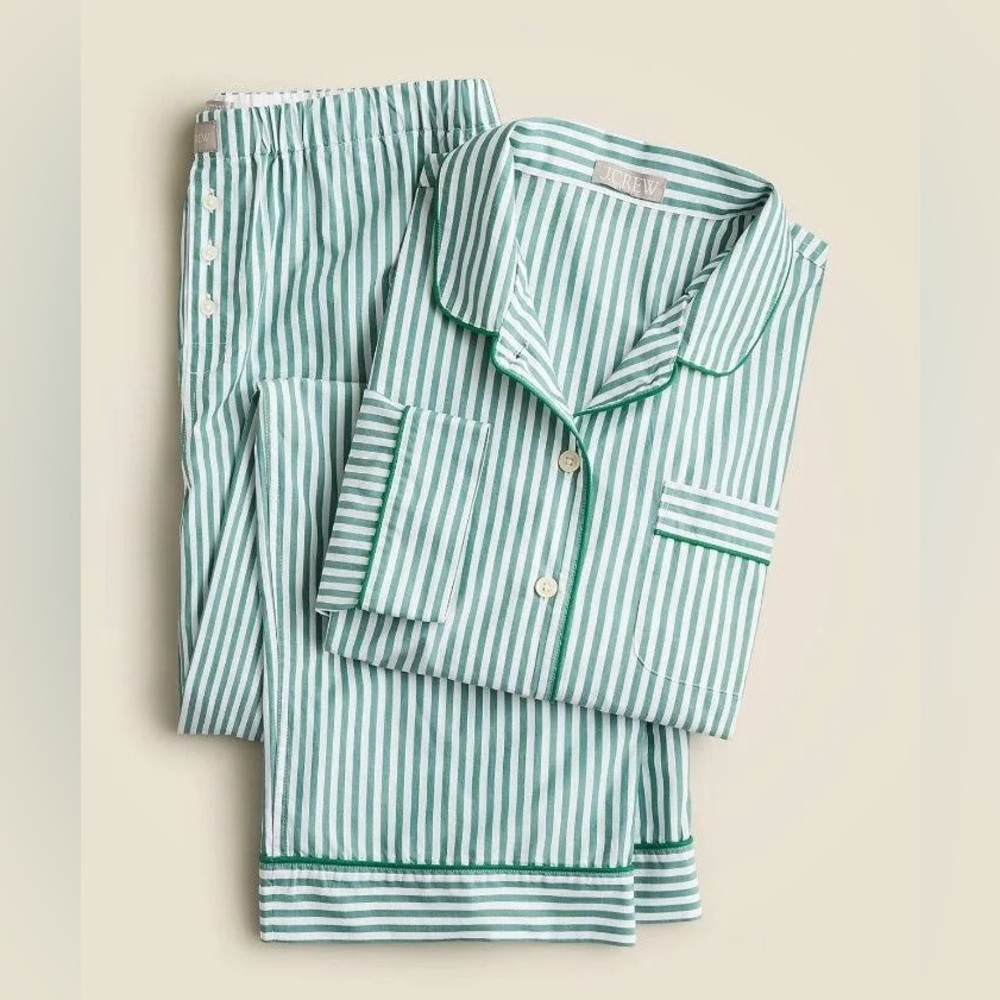 J. Crew Green and White Striped Cotton Pajama Set - Size L